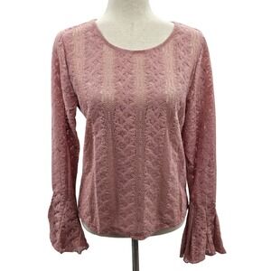 LOFT Womens Floral Lace Godet Sleeve Top Dusty Rose Mauve Large (runs small)